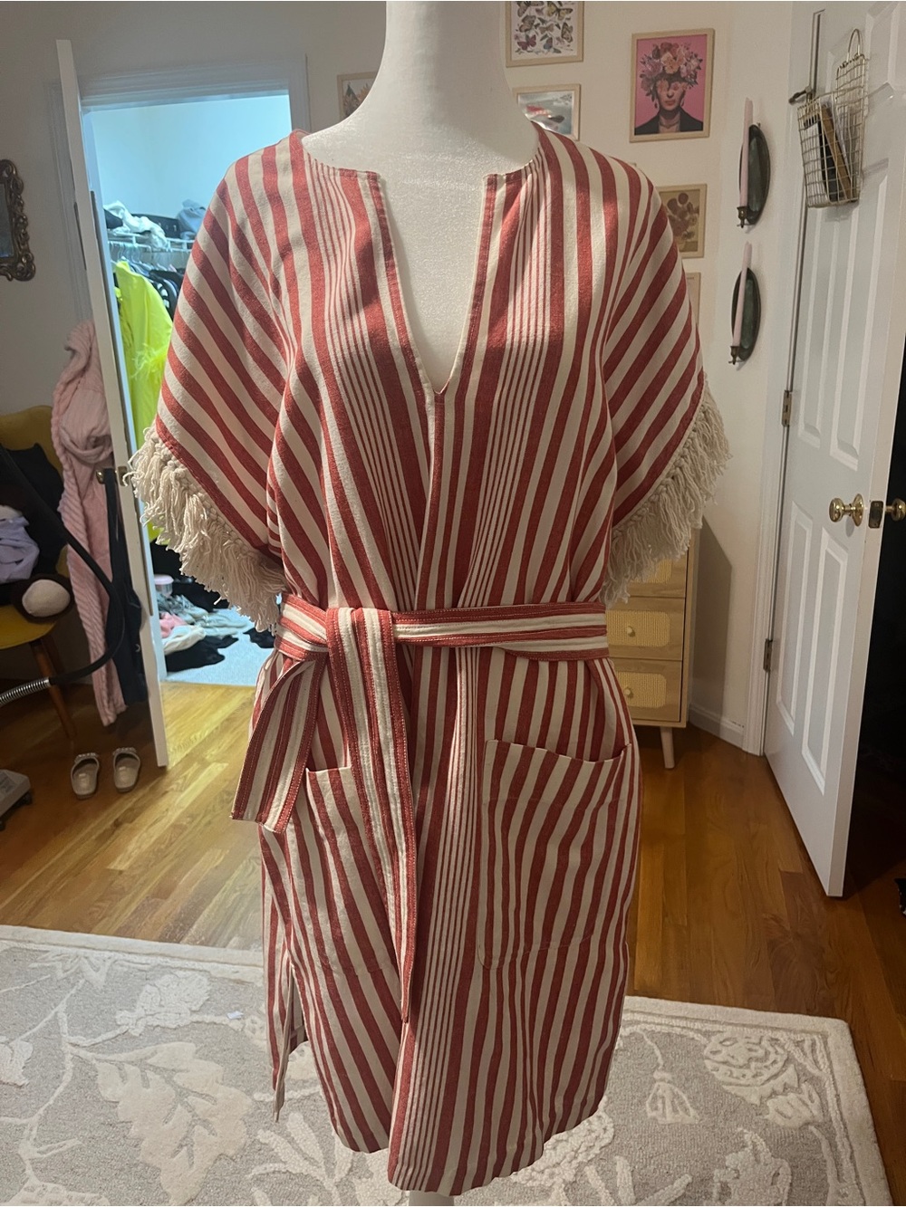 Vanessa Bruno Red and White Striped Mini Dress with Fringe